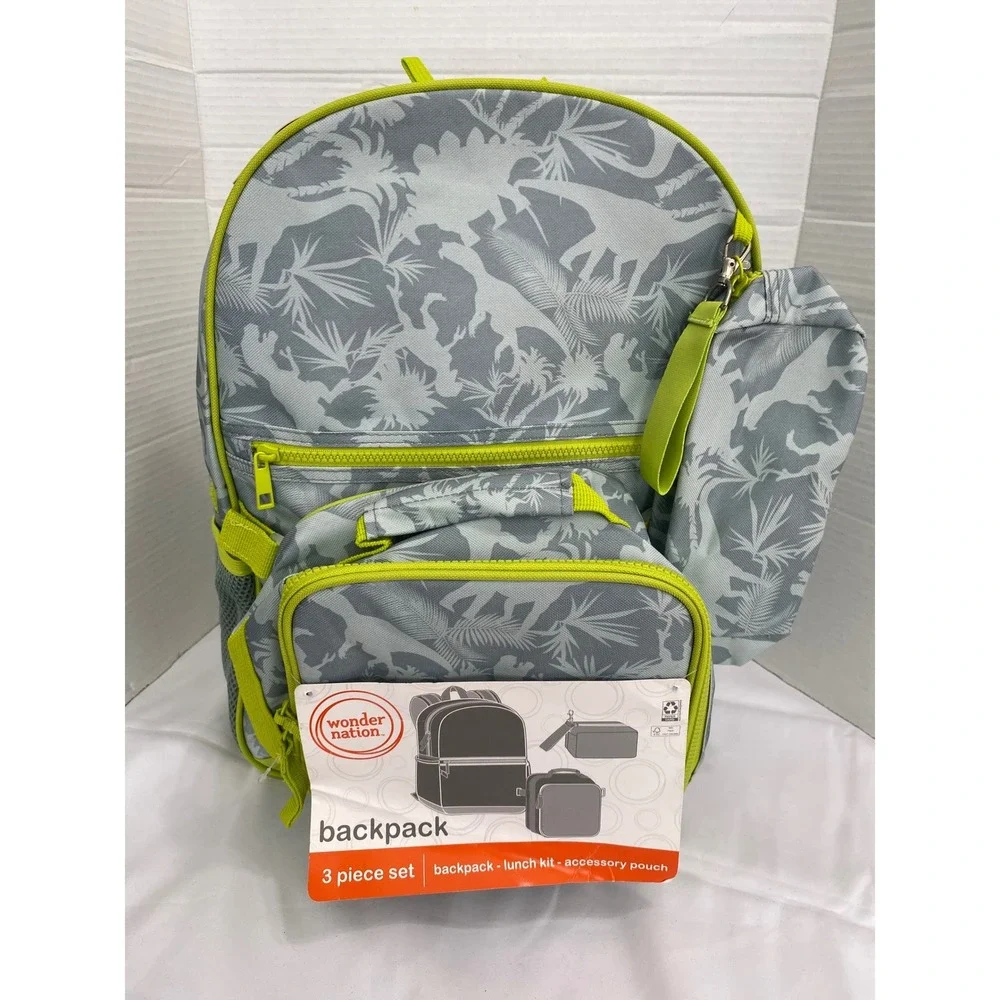 Wonder Nation Backpack Set Kids One Size Green New Tropical Dino 3 Piece Set